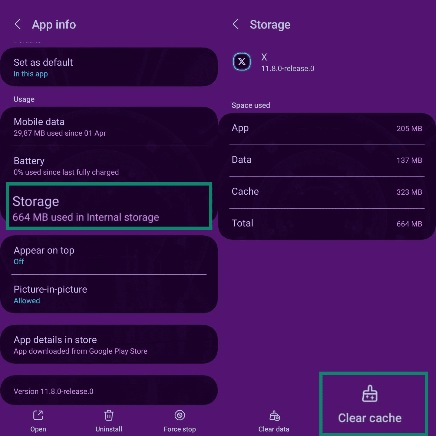 Two side-by-side screenshots showing how to clear the cache for the X app on Android. Pierwszy pokazuje opcję „Pamięć” w informacjach o aplikacji, a drugi pokazuje przycisk „Wyczyść pamięć podręczną” na ekranie Pamięć.